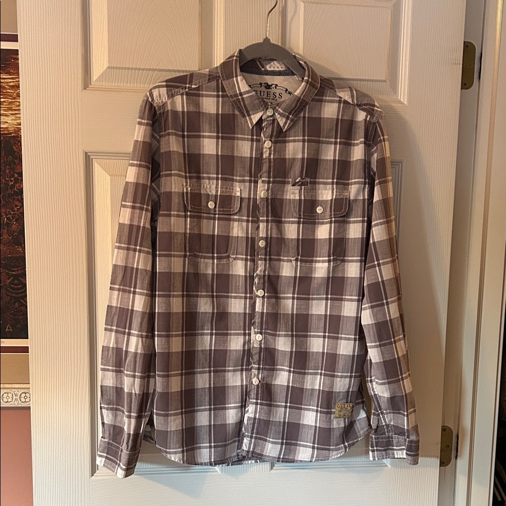 GUESS Men's Casual Plaid Shirt - Grey and White